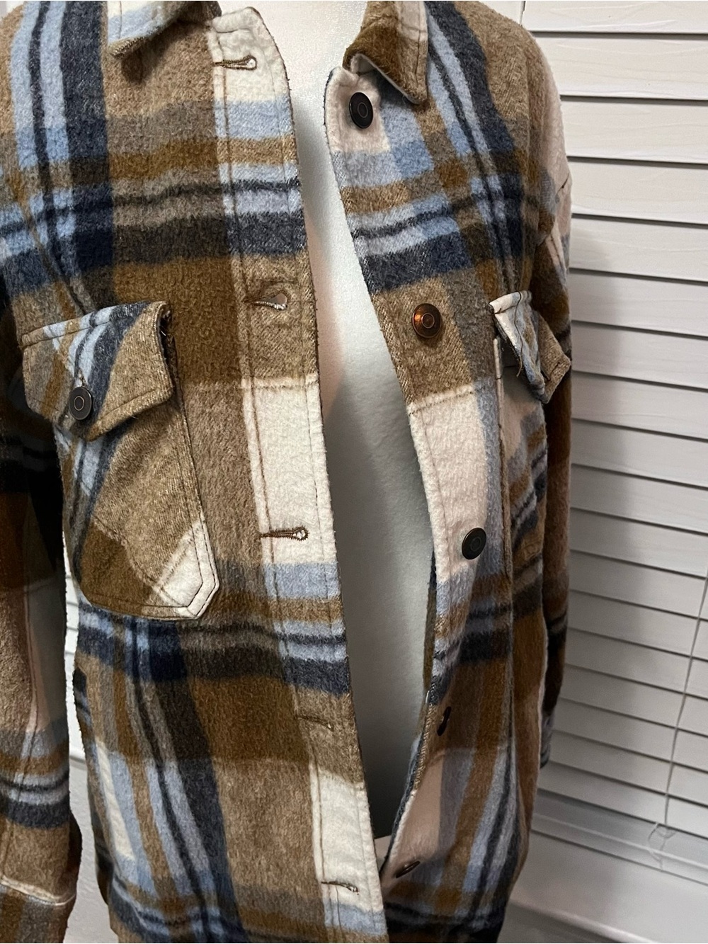 Zara Plaid Teddy Shacket in Brown, Navy & Cream